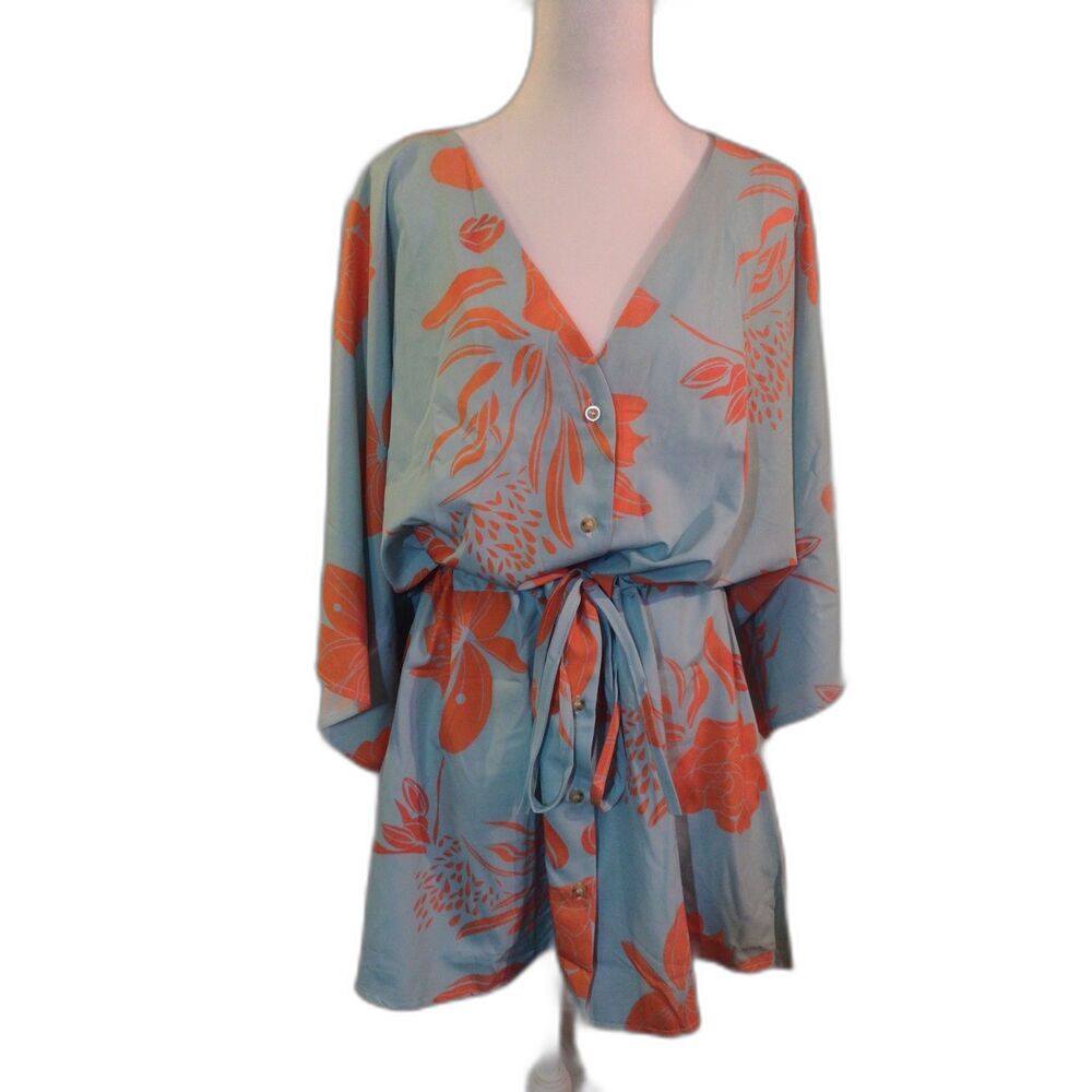 Blue Orange Floral Kimono Dress Size L V-Neck Button Front Tie Waist - Picture 2 of 8